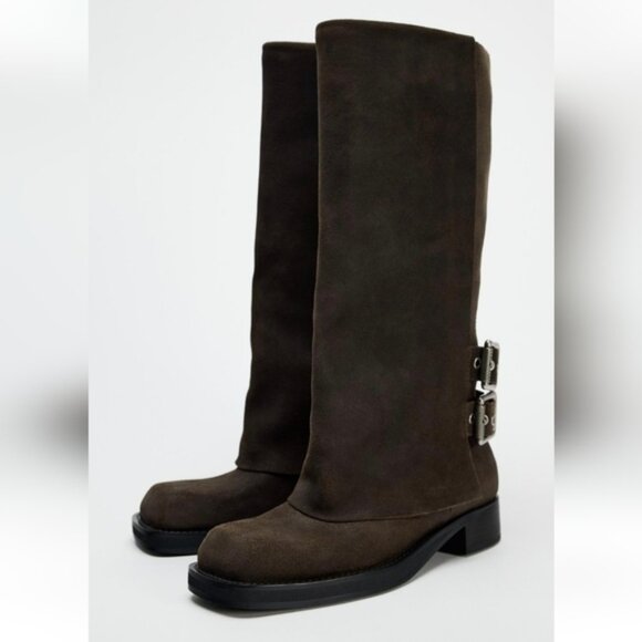ZARA BUCKLED SUEDE GAITER BOOTS - Picture 1 of 5